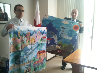 Embassy of Geogia:  The cotton sheeting painted by the children of  Geogia has come back to us.