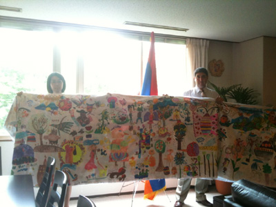 Embassy of Armenia:  The cotton sheeting painted by the children of  Armenia has come back to us.